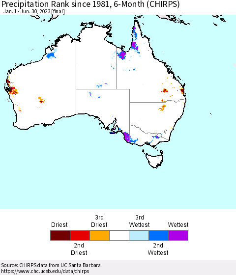Australia Precipitation Rank since 1981, 6-Month (CHIRPS) Thematic Map For 1/1/2023 - 6/30/2023
