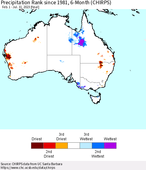 Australia Precipitation Rank since 1981, 6-Month (CHIRPS) Thematic Map For 2/1/2023 - 7/31/2023