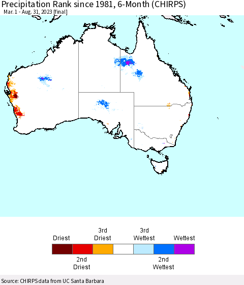Australia Precipitation Rank since 1981, 6-Month (CHIRPS) Thematic Map For 3/1/2023 - 8/31/2023
