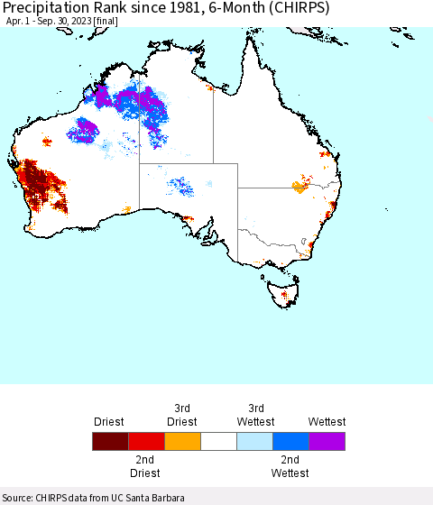 Australia Precipitation Rank since 1981, 6-Month (CHIRPS) Thematic Map For 4/1/2023 - 9/30/2023