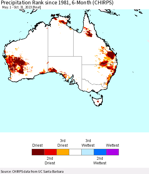 Australia Precipitation Rank since 1981, 6-Month (CHIRPS) Thematic Map For 5/1/2023 - 10/31/2023