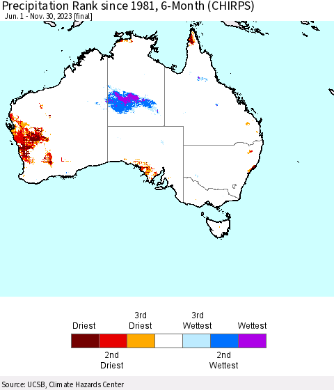 Australia Precipitation Rank since 1981, 6-Month (CHIRPS) Thematic Map For 6/1/2023 - 11/30/2023