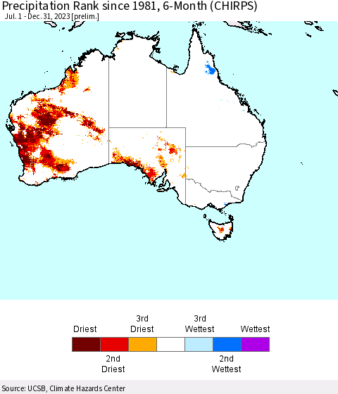 Australia Precipitation Rank since 1981, 6-Month (CHIRPS) Thematic Map For 7/1/2023 - 12/31/2023