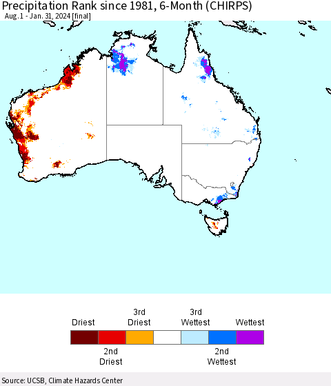 Australia Precipitation Rank since 1981, 6-Month (CHIRPS) Thematic Map For 8/1/2023 - 1/31/2024
