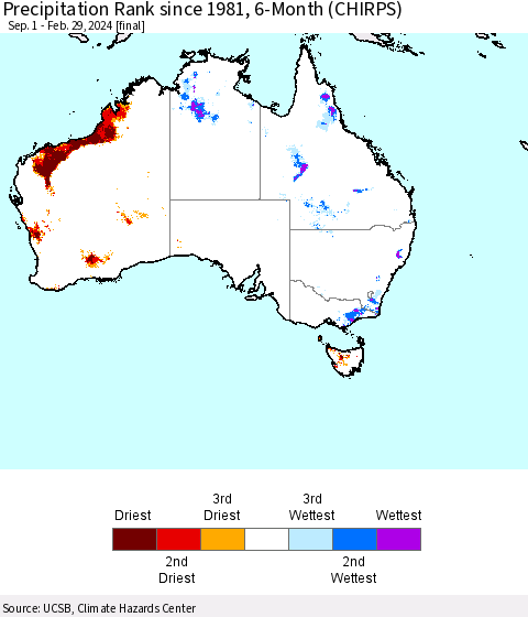 Australia Precipitation Rank since 1981, 6-Month (CHIRPS) Thematic Map For 9/1/2023 - 2/29/2024