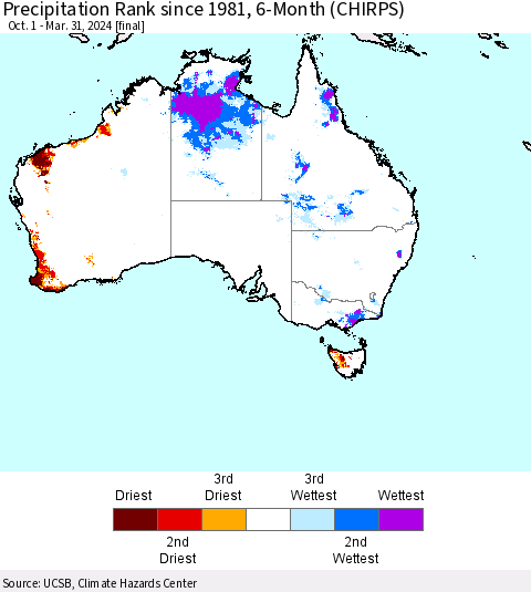 Australia Precipitation Rank since 1981, 6-Month (CHIRPS) Thematic Map For 10/1/2023 - 3/31/2024