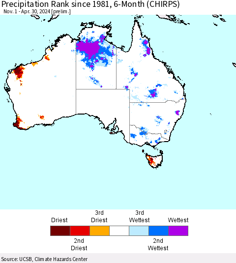 Australia Precipitation Rank since 1981, 6-Month (CHIRPS) Thematic Map For 11/1/2023 - 4/30/2024