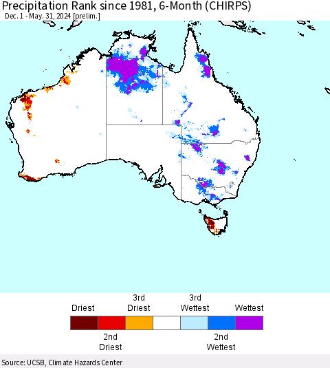 Australia Precipitation Rank since 1981, 6-Month (CHIRPS) Thematic Map For 12/1/2023 - 5/31/2024