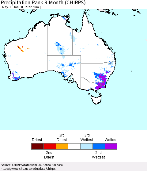Australia Precipitation Rank since 1981, 9-Month (CHIRPS) Thematic Map For 5/1/2021 - 1/31/2022