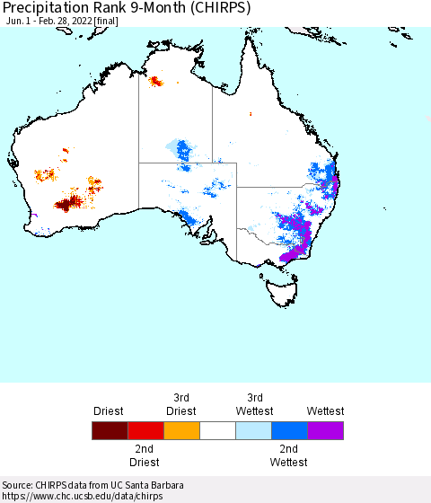 Australia Precipitation Rank since 1981, 9-Month (CHIRPS) Thematic Map For 6/1/2021 - 2/28/2022