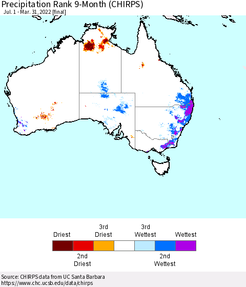 Australia Precipitation Rank since 1981, 9-Month (CHIRPS) Thematic Map For 7/1/2021 - 3/31/2022