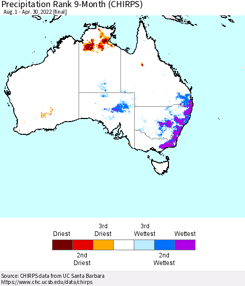 Australia Precipitation Rank since 1981, 9-Month (CHIRPS) Thematic Map For 8/1/2021 - 4/30/2022