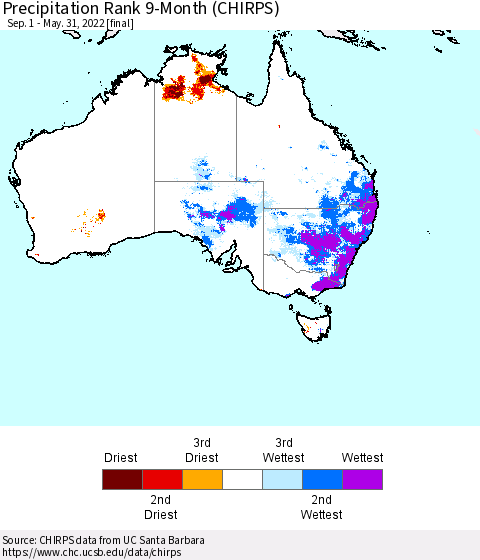 Australia Precipitation Rank since 1981, 9-Month (CHIRPS) Thematic Map For 9/1/2021 - 5/31/2022