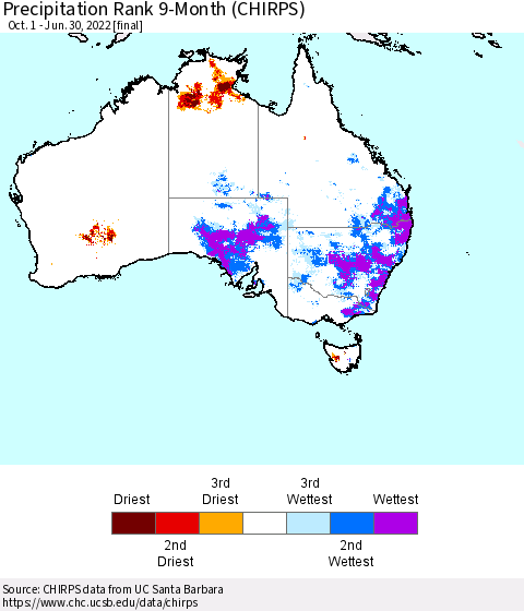 Australia Precipitation Rank since 1981, 9-Month (CHIRPS) Thematic Map For 10/1/2021 - 6/30/2022
