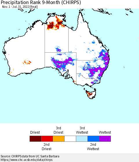 Australia Precipitation Rank since 1981, 9-Month (CHIRPS) Thematic Map For 11/1/2021 - 7/31/2022