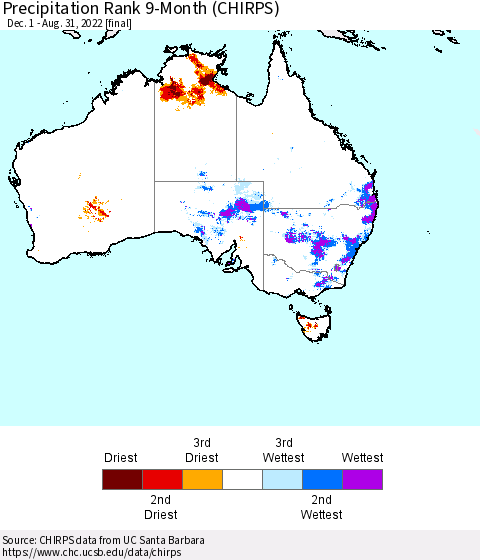 Australia Precipitation Rank since 1981, 9-Month (CHIRPS) Thematic Map For 12/1/2021 - 8/31/2022