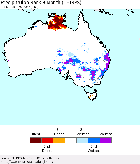 Australia Precipitation Rank since 1981, 9-Month (CHIRPS) Thematic Map For 1/1/2022 - 9/30/2022