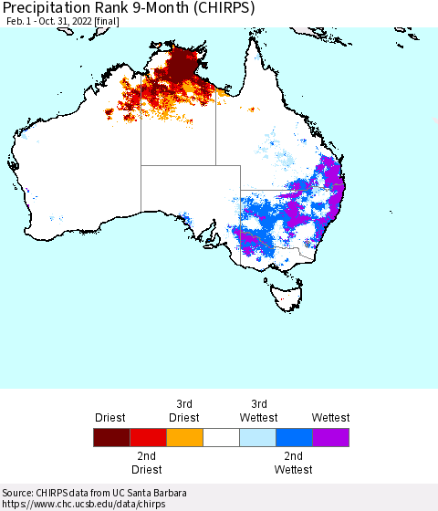 Australia Precipitation Rank since 1981, 9-Month (CHIRPS) Thematic Map For 2/1/2022 - 10/31/2022