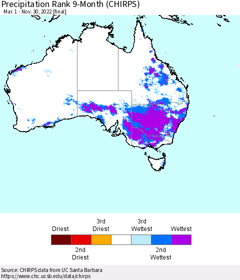 Australia Precipitation Rank since 1981, 9-Month (CHIRPS) Thematic Map For 3/1/2022 - 11/30/2022