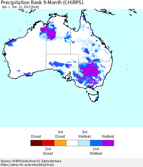 Australia Precipitation Rank since 1981, 9-Month (CHIRPS) Thematic Map For 4/1/2022 - 12/31/2022