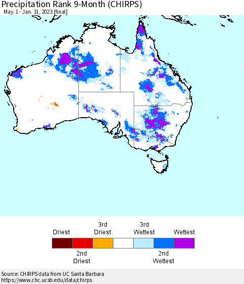 Australia Precipitation Rank since 1981, 9-Month (CHIRPS) Thematic Map For 5/1/2022 - 1/31/2023