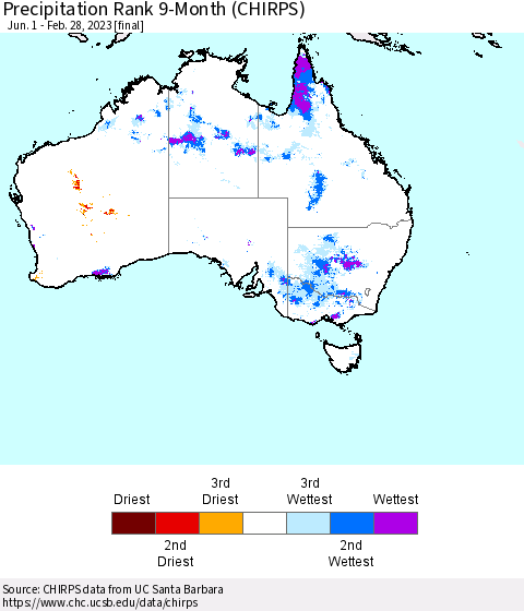 Australia Precipitation Rank since 1981, 9-Month (CHIRPS) Thematic Map For 6/1/2022 - 2/28/2023