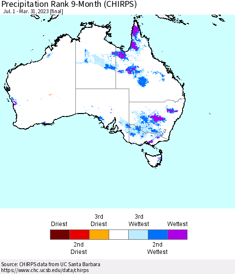 Australia Precipitation Rank since 1981, 9-Month (CHIRPS) Thematic Map For 7/1/2022 - 3/31/2023