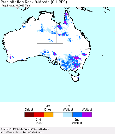 Australia Precipitation Rank since 1981, 9-Month (CHIRPS) Thematic Map For 8/1/2022 - 4/30/2023