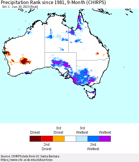 Australia Precipitation Rank since 1981, 9-Month (CHIRPS) Thematic Map For 10/1/2022 - 6/30/2023