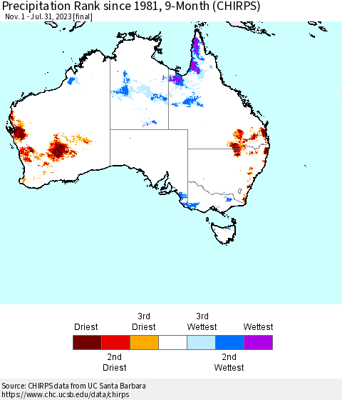 Australia Precipitation Rank since 1981, 9-Month (CHIRPS) Thematic Map For 11/1/2022 - 7/31/2023