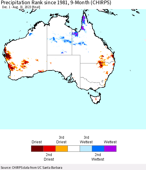 Australia Precipitation Rank since 1981, 9-Month (CHIRPS) Thematic Map For 12/1/2022 - 8/31/2023