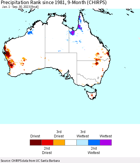 Australia Precipitation Rank since 1981, 9-Month (CHIRPS) Thematic Map For 1/1/2023 - 9/30/2023