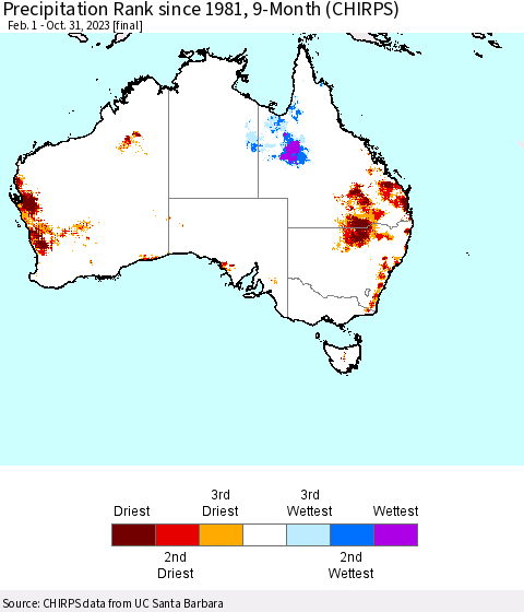 Australia Precipitation Rank since 1981, 9-Month (CHIRPS) Thematic Map For 2/1/2023 - 10/31/2023