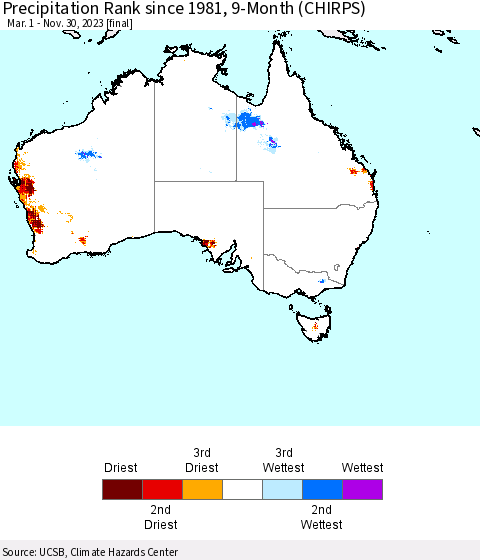 Australia Precipitation Rank since 1981, 9-Month (CHIRPS) Thematic Map For 3/1/2023 - 11/30/2023