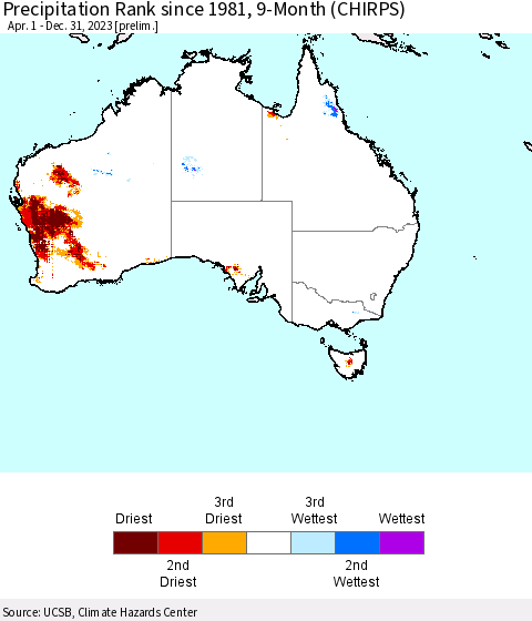 Australia Precipitation Rank since 1981, 9-Month (CHIRPS) Thematic Map For 4/1/2023 - 12/31/2023