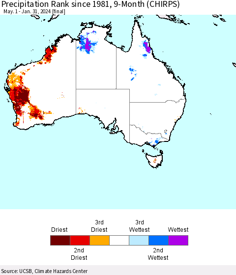 Australia Precipitation Rank since 1981, 9-Month (CHIRPS) Thematic Map For 5/1/2023 - 1/31/2024