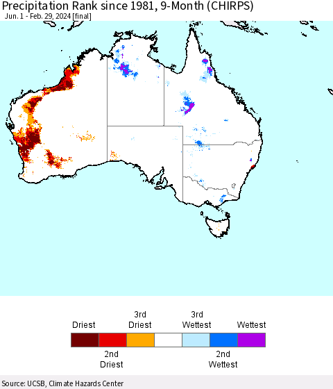 Australia Precipitation Rank since 1981, 9-Month (CHIRPS) Thematic Map For 6/1/2023 - 2/29/2024