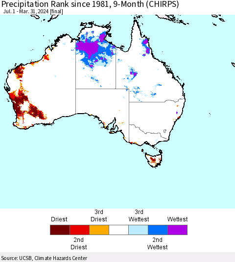 Australia Precipitation Rank since 1981, 9-Month (CHIRPS) Thematic Map For 7/1/2023 - 3/31/2024