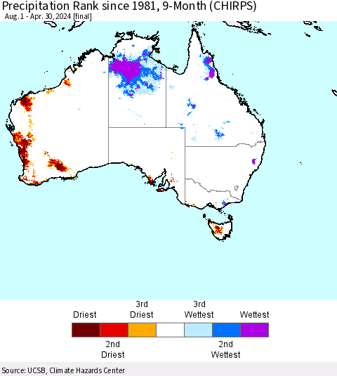 Australia Precipitation Rank since 1981, 9-Month (CHIRPS) Thematic Map For 8/1/2023 - 4/30/2024