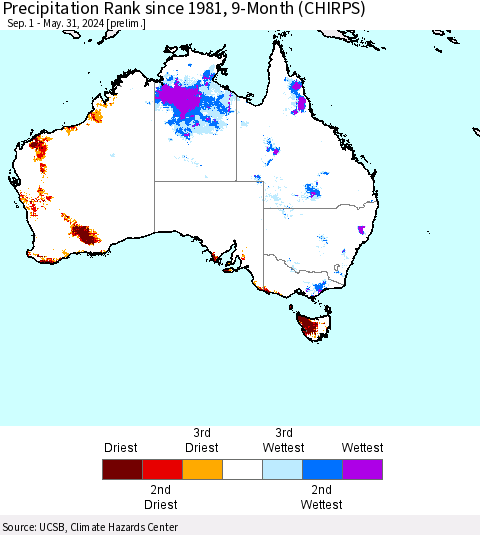 Australia Precipitation Rank since 1981, 9-Month (CHIRPS) Thematic Map For 9/1/2023 - 5/31/2024