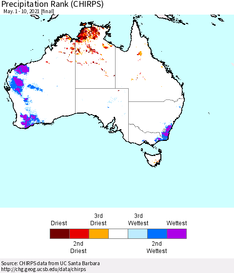 Australia Precipitation Rank since 1981 (CHIRPS) Thematic Map For 5/1/2021 - 5/10/2021