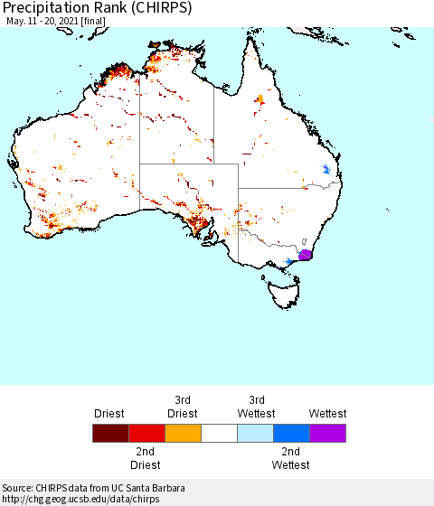 Australia Precipitation Rank since 1981 (CHIRPS) Thematic Map For 5/11/2021 - 5/20/2021