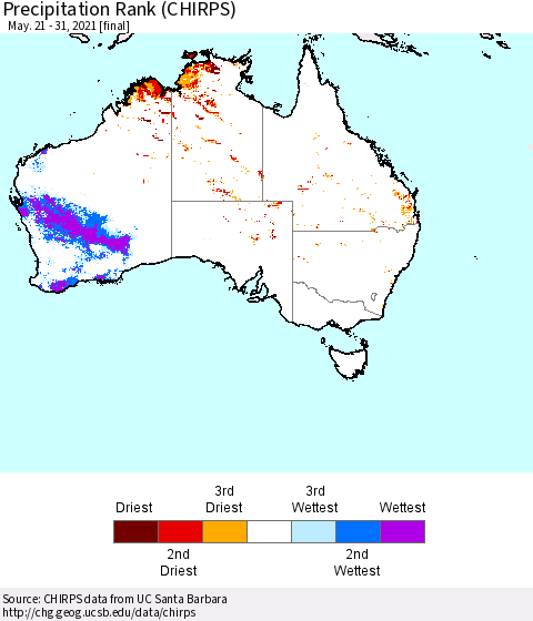 Australia Precipitation Rank since 1981 (CHIRPS) Thematic Map For 5/21/2021 - 5/31/2021