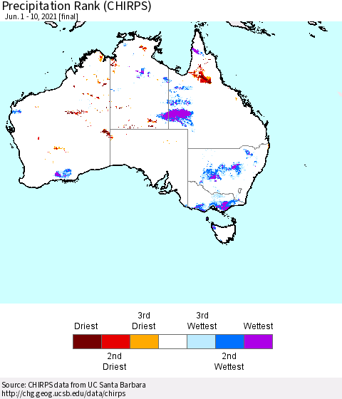 Australia Precipitation Rank since 1981 (CHIRPS) Thematic Map For 6/1/2021 - 6/10/2021