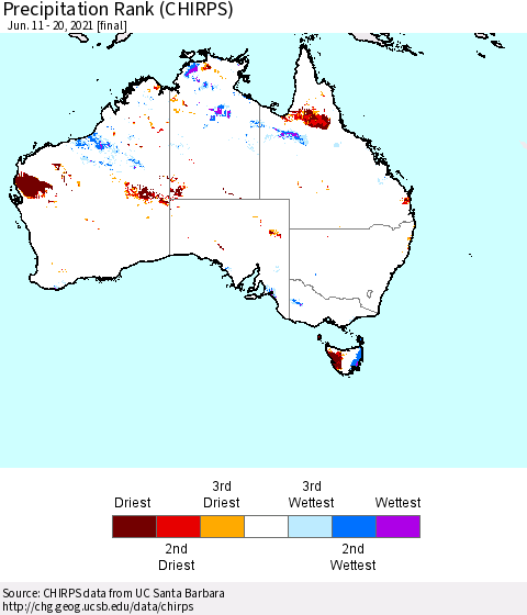 Australia Precipitation Rank since 1981 (CHIRPS) Thematic Map For 6/11/2021 - 6/20/2021