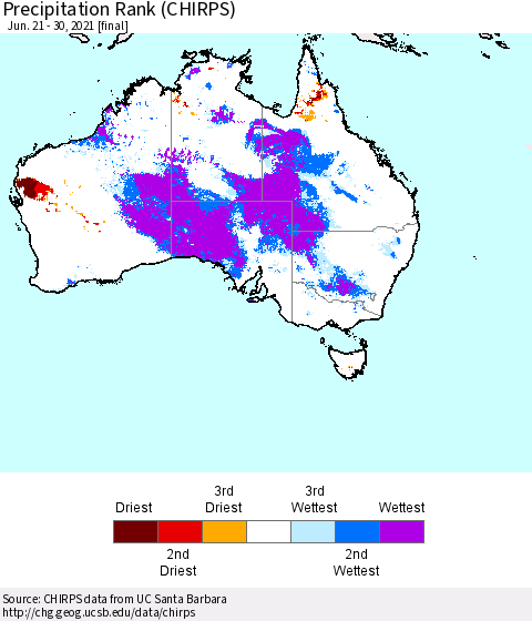 Australia Precipitation Rank since 1981 (CHIRPS) Thematic Map For 6/21/2021 - 6/30/2021