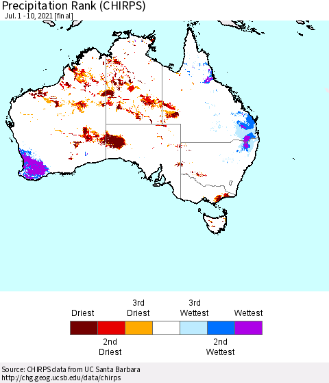 Australia Precipitation Rank since 1981 (CHIRPS) Thematic Map For 7/1/2021 - 7/10/2021