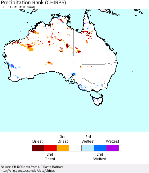 Australia Precipitation Rank since 1981 (CHIRPS) Thematic Map For 7/11/2021 - 7/20/2021