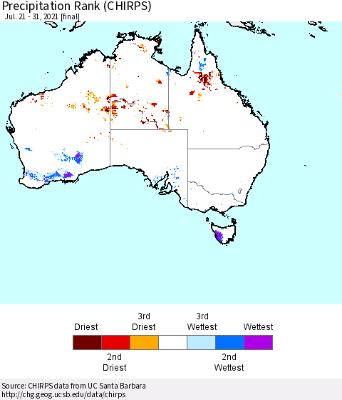 Australia Precipitation Rank since 1981 (CHIRPS) Thematic Map For 7/21/2021 - 7/31/2021