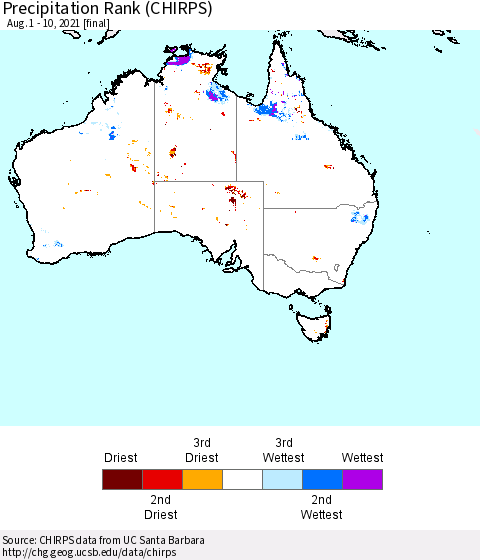 Australia Precipitation Rank since 1981 (CHIRPS) Thematic Map For 8/1/2021 - 8/10/2021